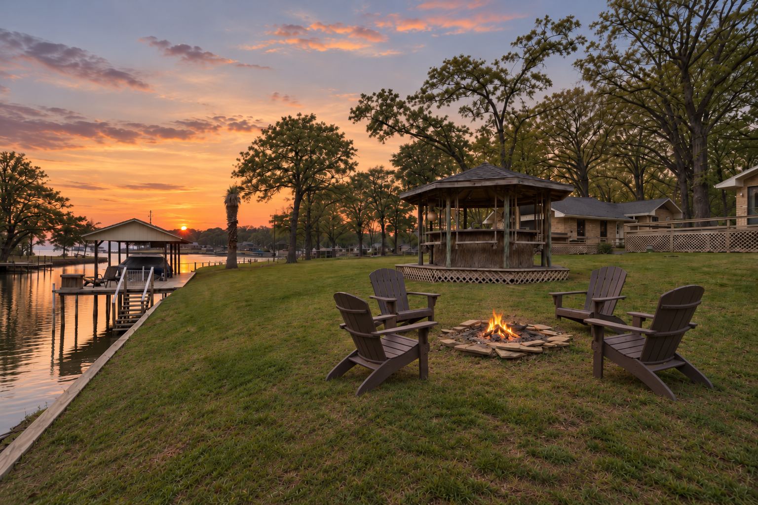 Fire pit and Adirondack chairs at sunset on Cedar Creek Lake at Duck Cove